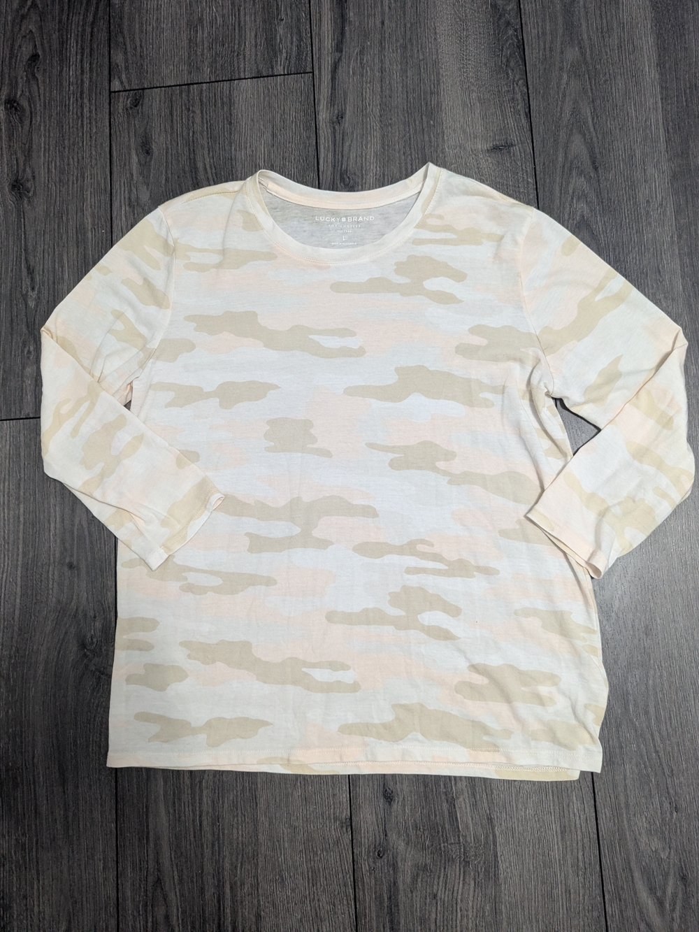 Lucky Brand Women's Long Sleeve Beige & Cream Camo Tee